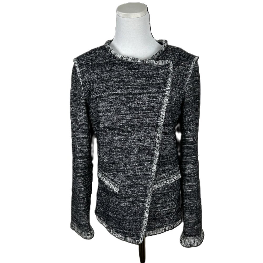 Banana Republic Jacket Women S Tweed Fringe Grey Lined Asymmetrical Snap Closure